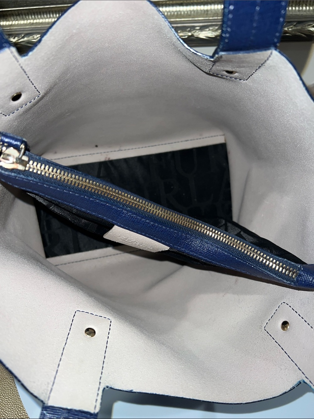 Furla Navy Structured Leather Satchel Tote - edge coat wear - Picture 13 of 14